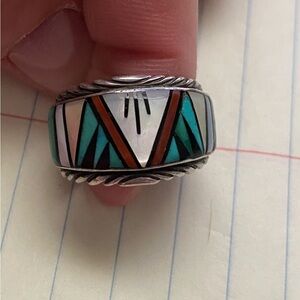 Vintage Marked “R Sterling” Multi Color Inlay Ring - Size 8.5